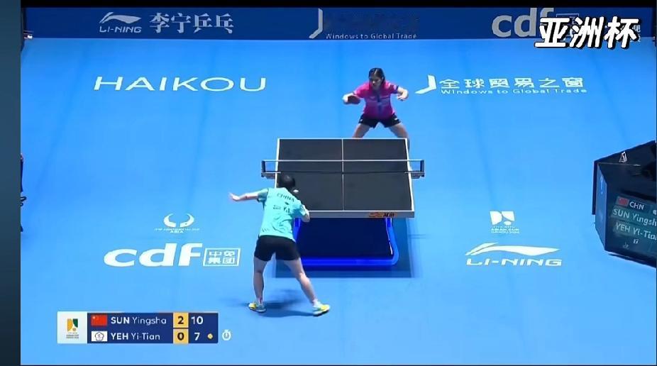 横扫！孙颖莎亚洲杯首秀3-0拿下新年首胜
 
亚洲杯首战，孙颖莎vs叶伊恬，
三