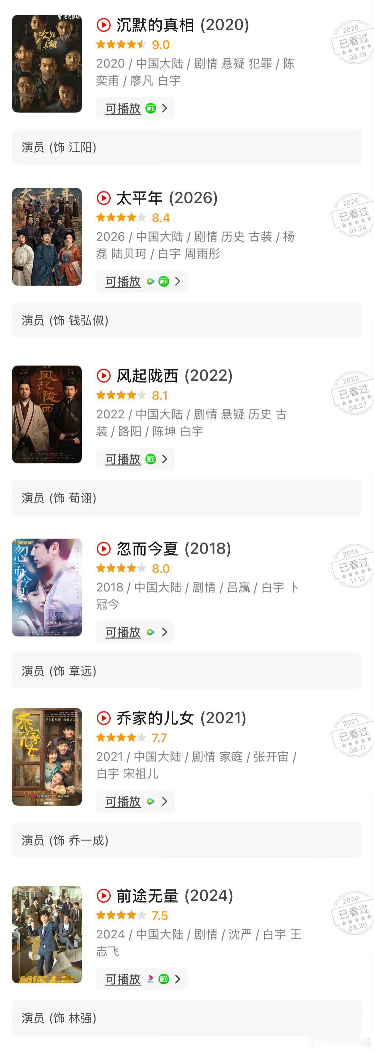 白宇现在没待播剧，上次杀青是2025.10.27，已经7个月没进组。2025年1