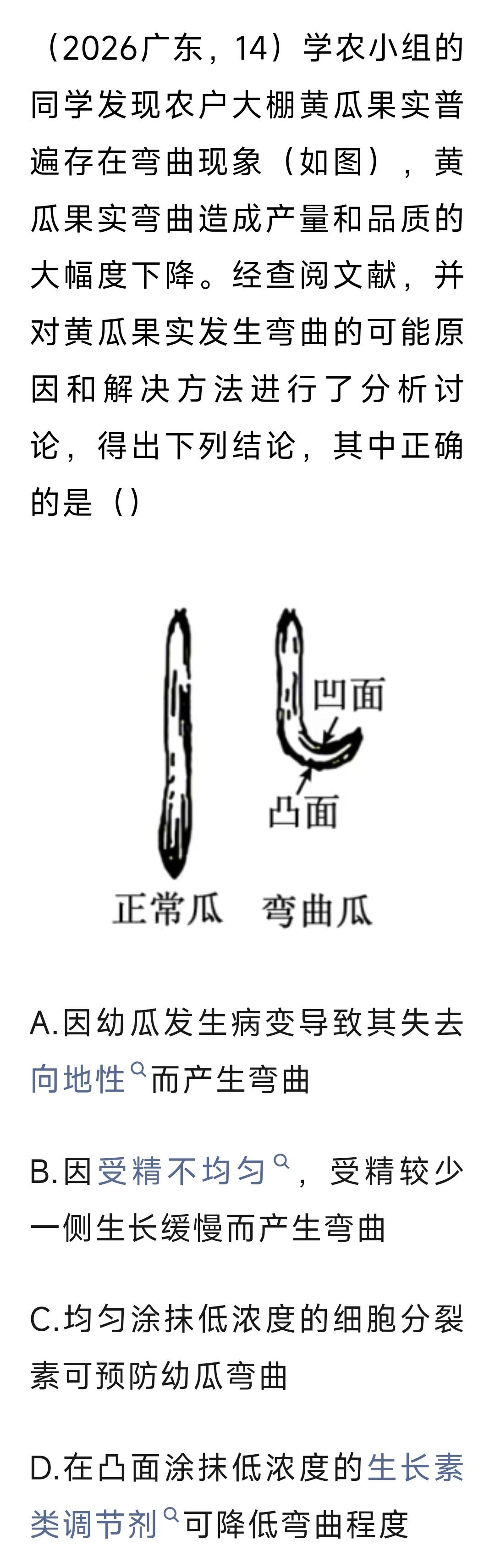 黄瓜果实为什么弯曲？2026广东高考生物告诉你