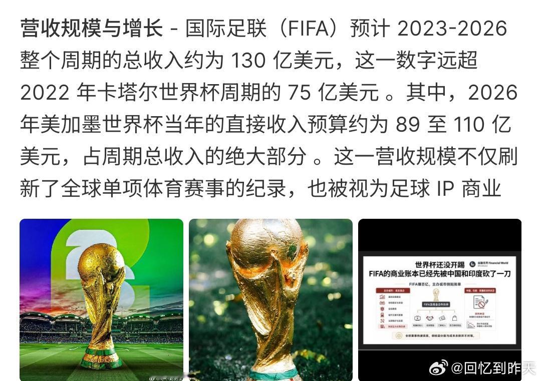 FIFA世界杯周期狂赚130亿美元FiFA世界杯周期狂赚130亿美元，这届世界杯