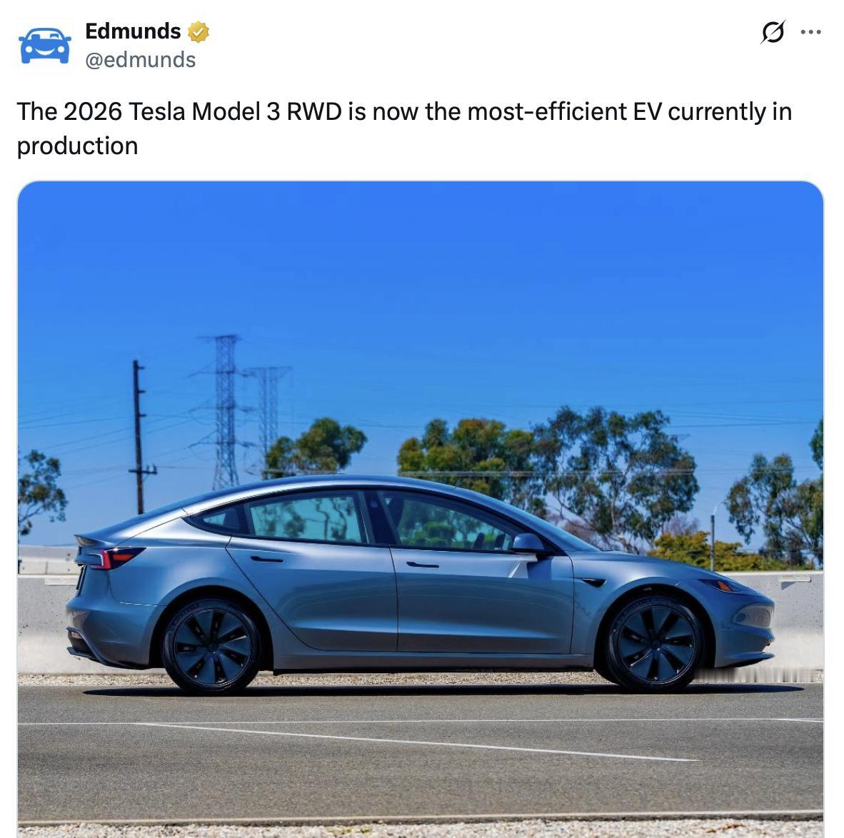 Model 3后驱版以高能效胜出
Edmunds发布的最新测试报告显示，特斯拉M