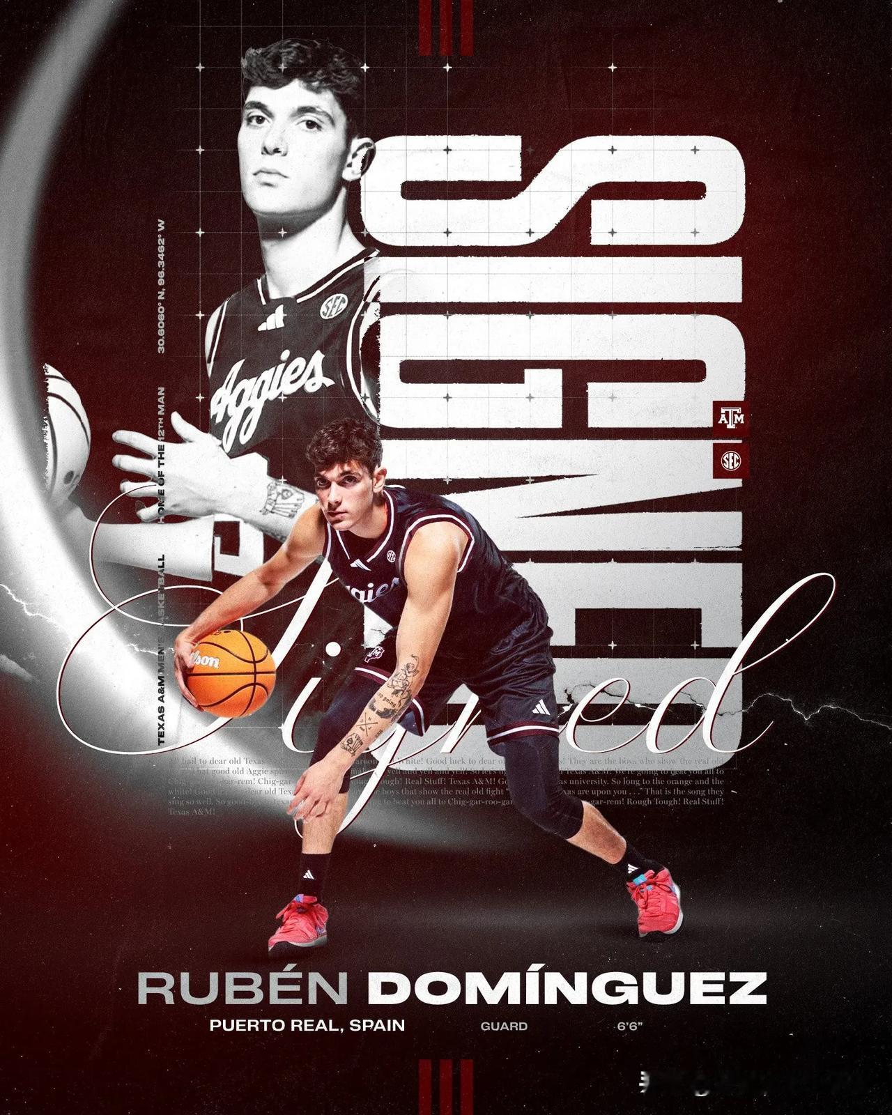 西班牙22岁得分后卫Ruben Dominguez宣布承诺NCAA男篮 德州农工