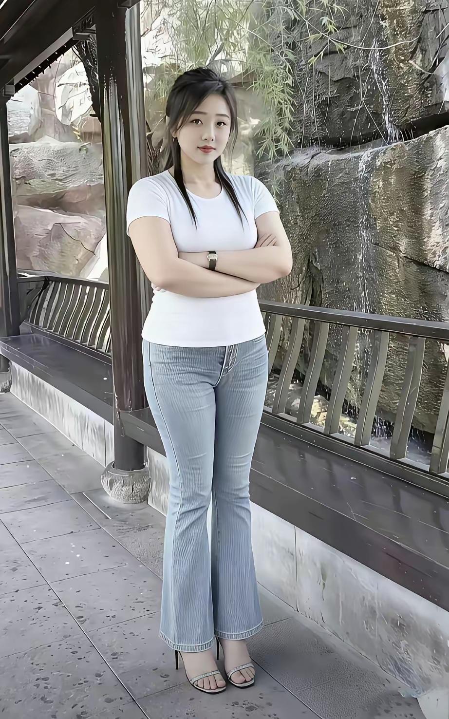 一个女孩靠在栏杆上，穿着牛仔裤和T恤。