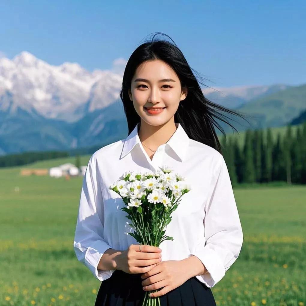 春日里的微笑，手持花束，心旷神怡春日笑容 花丛微笑 粉嫩春日花束 手拿花束 漫步