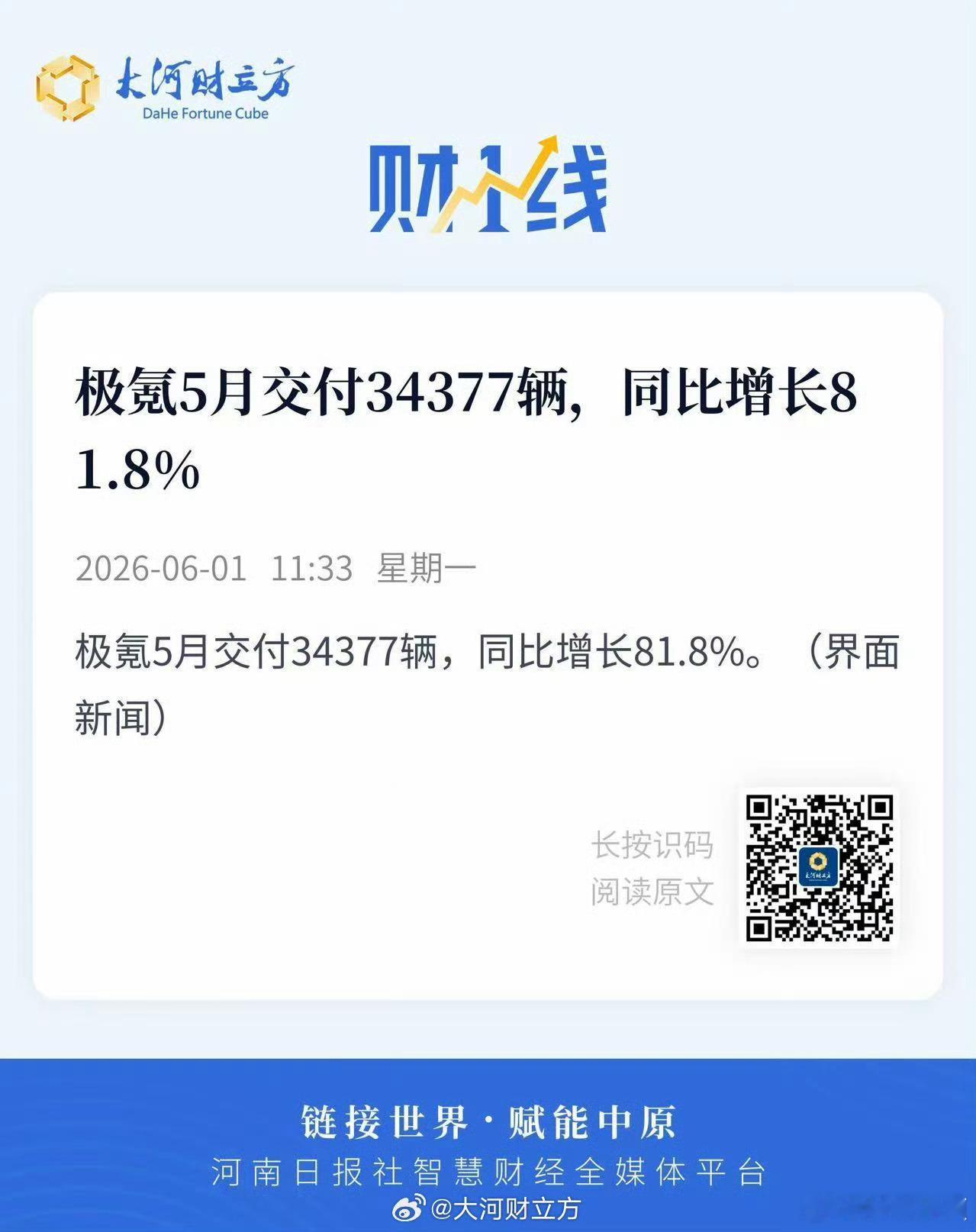 【极氪5月交付34377辆，同比增长81.8%】6月1日，记者获悉，极氪5月交付