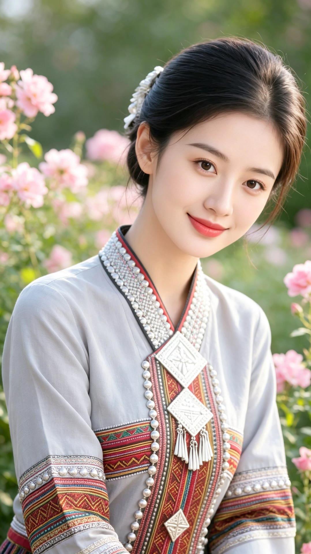 花海中的民族风少女，惊艳的笑容和精致的服饰让人难以忘怀。
