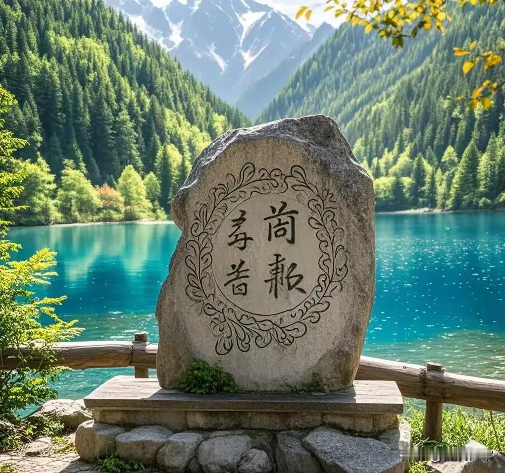 九寨沟这里的风景确实漂亮，青山绿水，景色宜人，最可惜的就是石头上面这四个字，不知