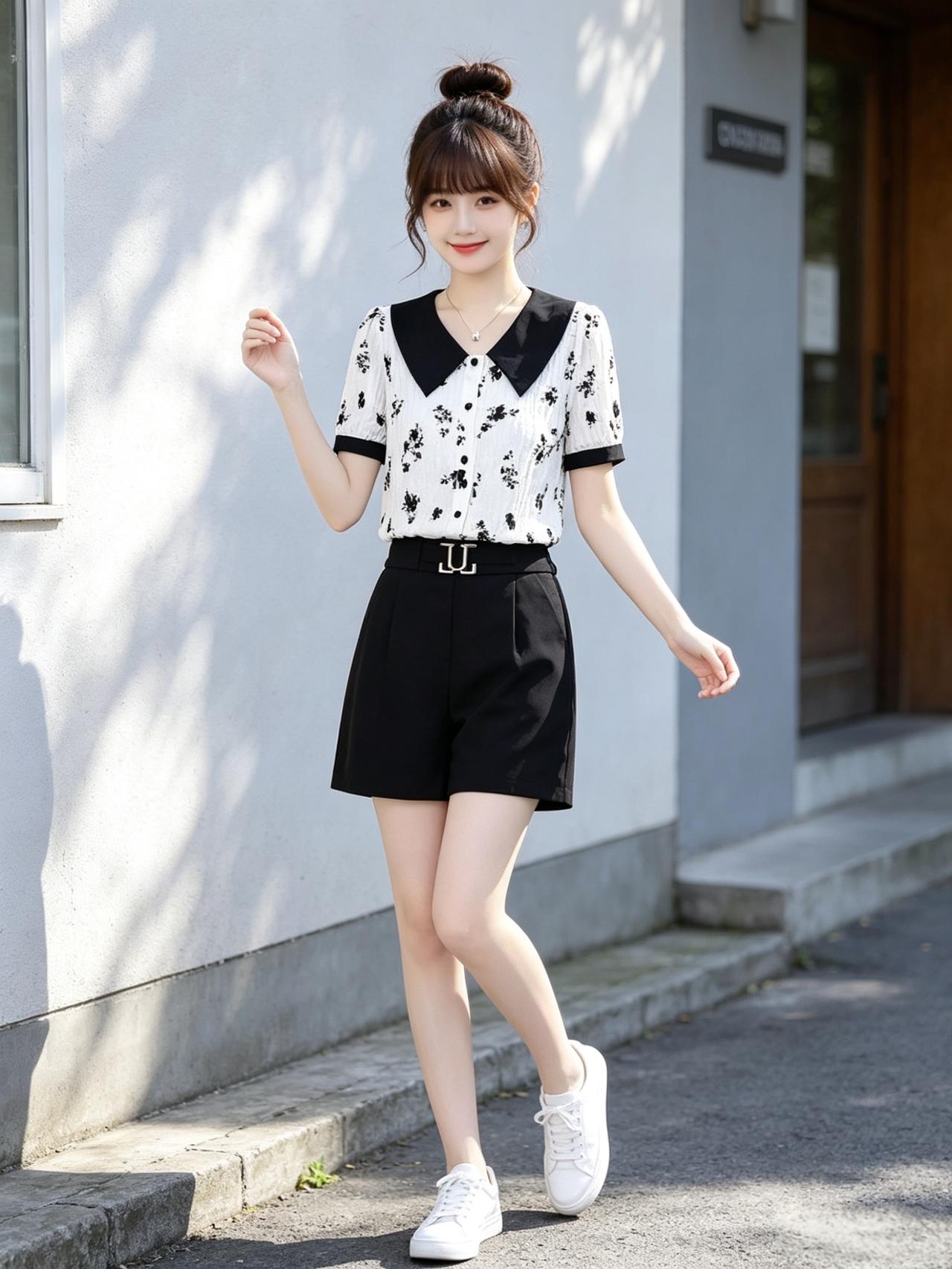 夏日清新穿搭指南：黑白撞色短袖+高腰短裤，轻松出街！