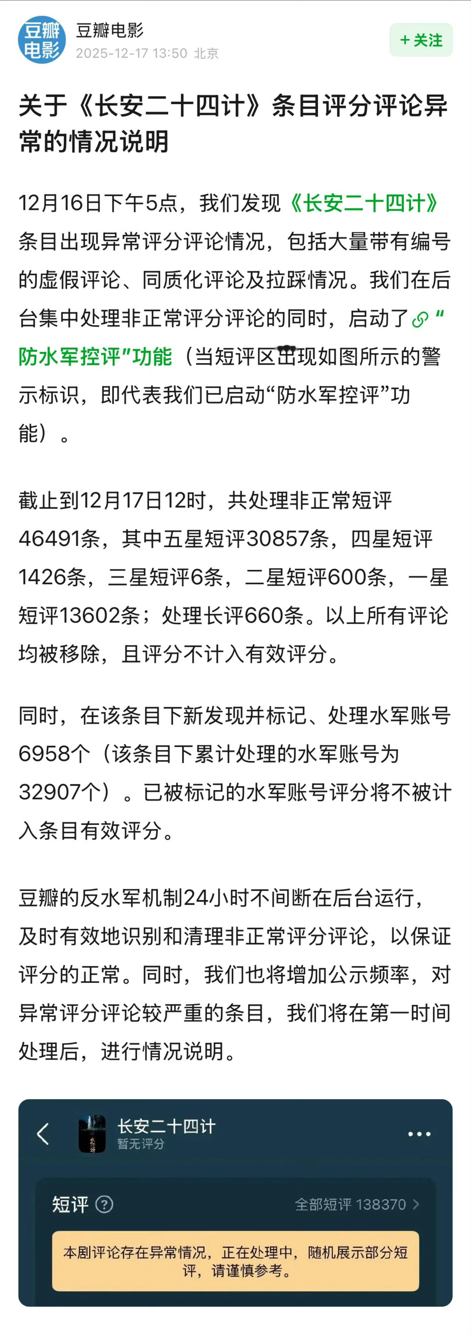 豆瓣回应长安二十四计 豆瓣评论异常问题，将及时有效识别和解决，保证正常评分。 