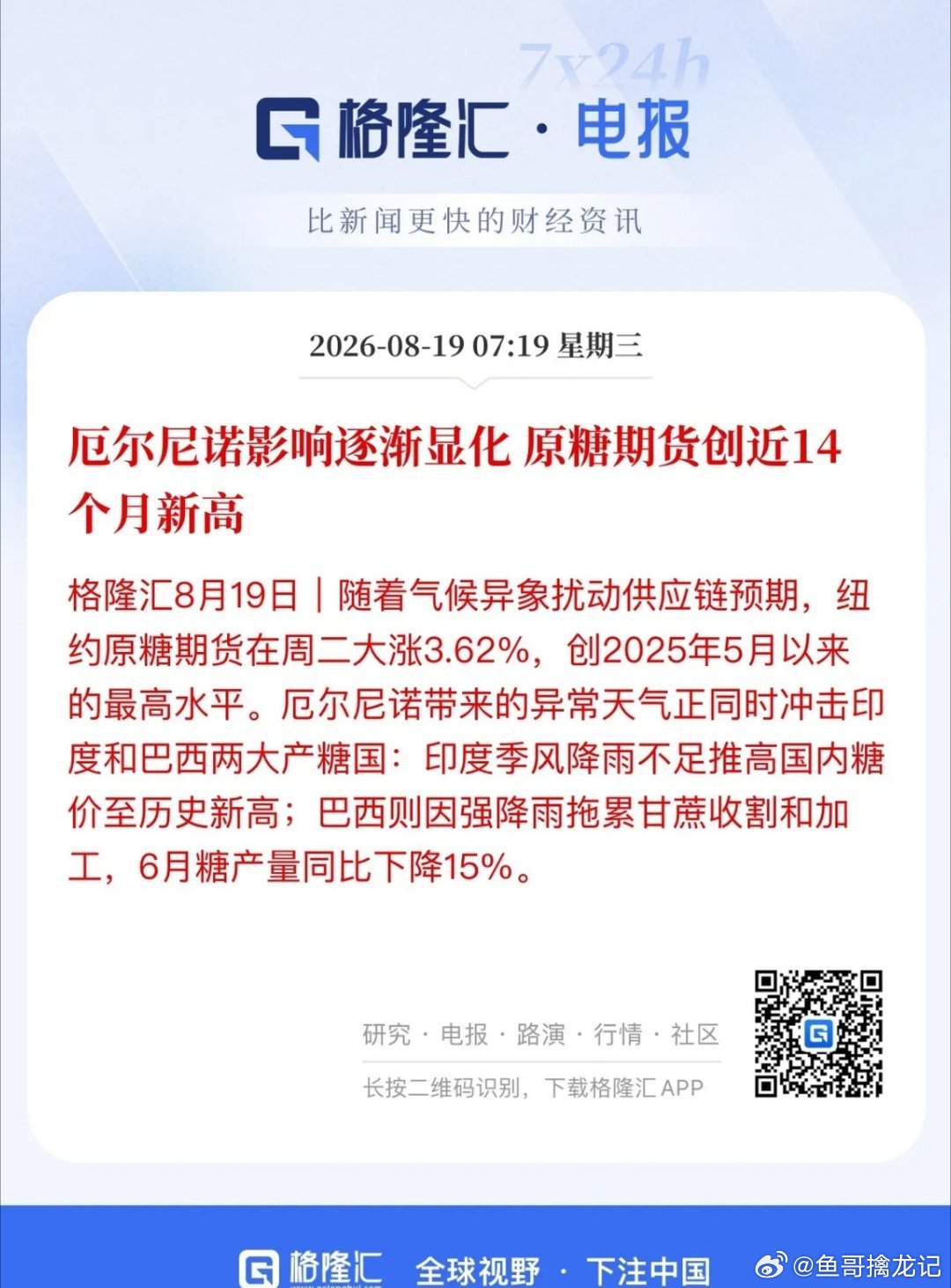 厄尔尼诺搅动全球农业商品！农业期货之王糖和棉花，作为两大重要战略物资，糖是最不显