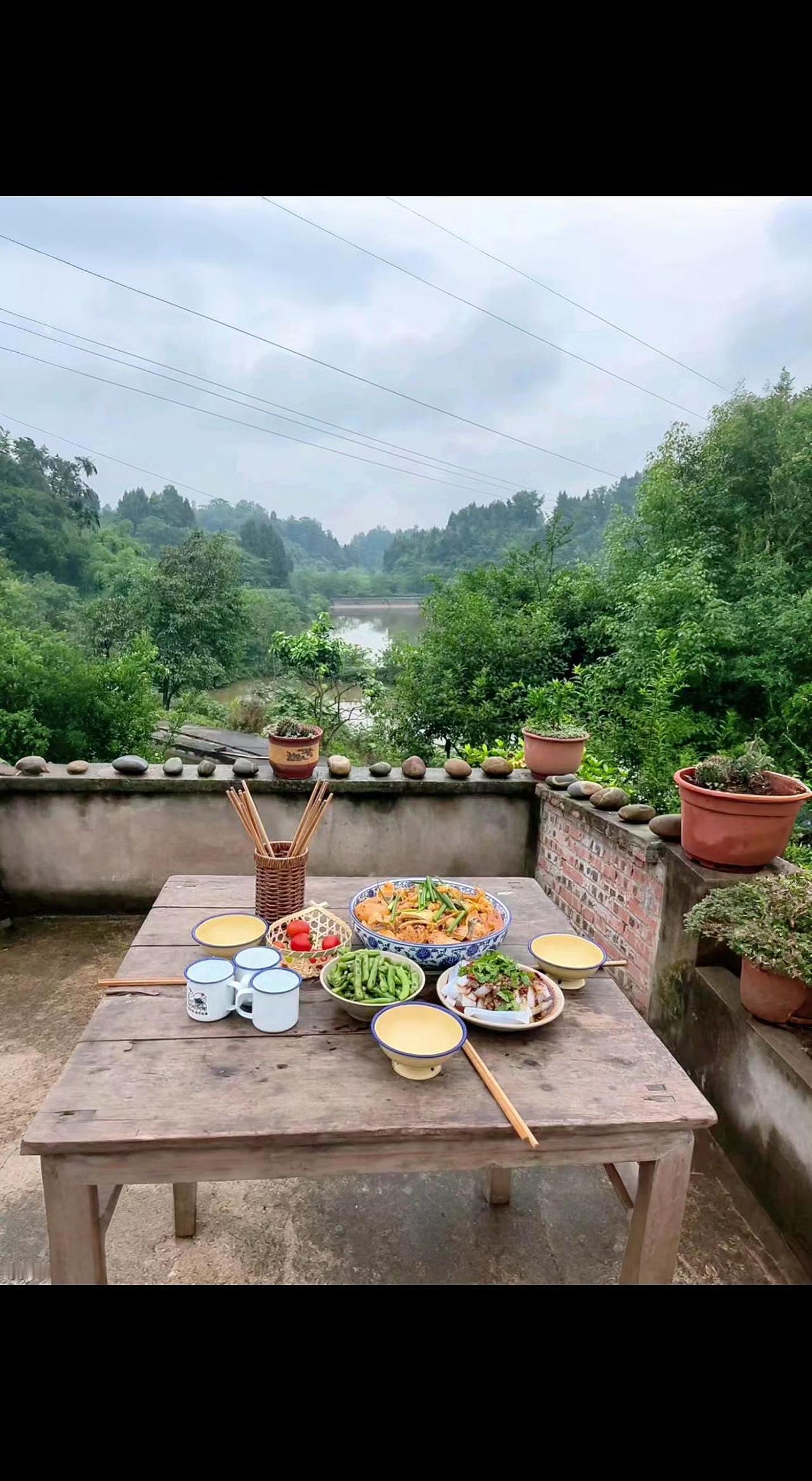 🌿木桌盛着烟火气，远山是最野的背景板🏞️。风里有菜香，碗里盛着整个夏天🍚。