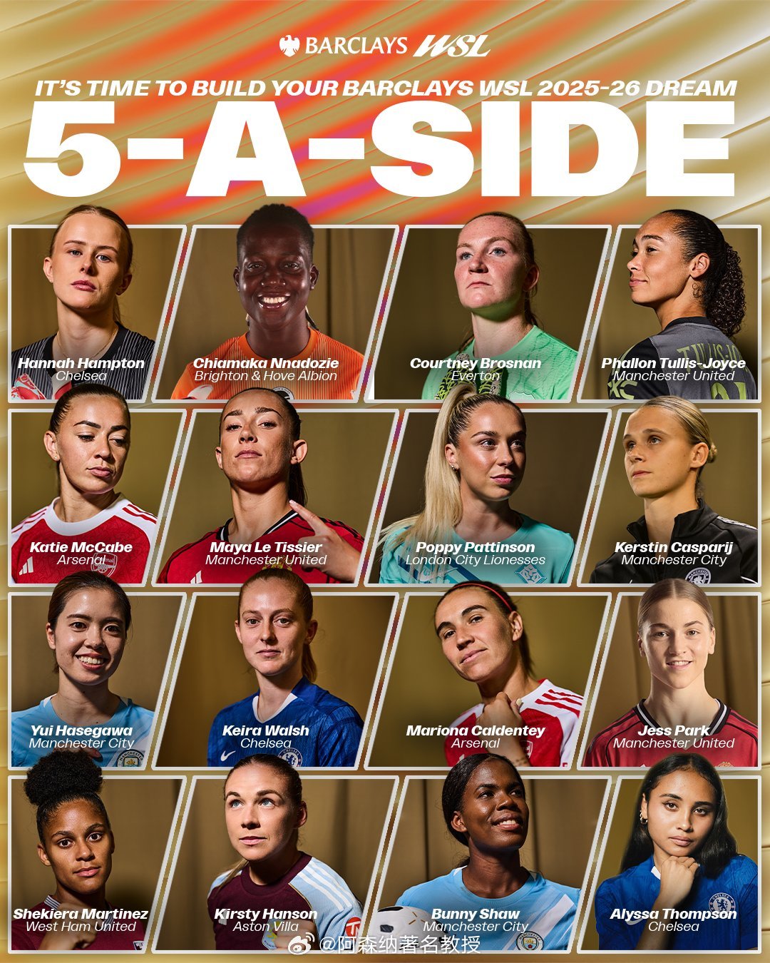 从以下选项中，选出你心目中的英女超五人制球队最佳阵容？ 英超联赛 阿森纳著名教授