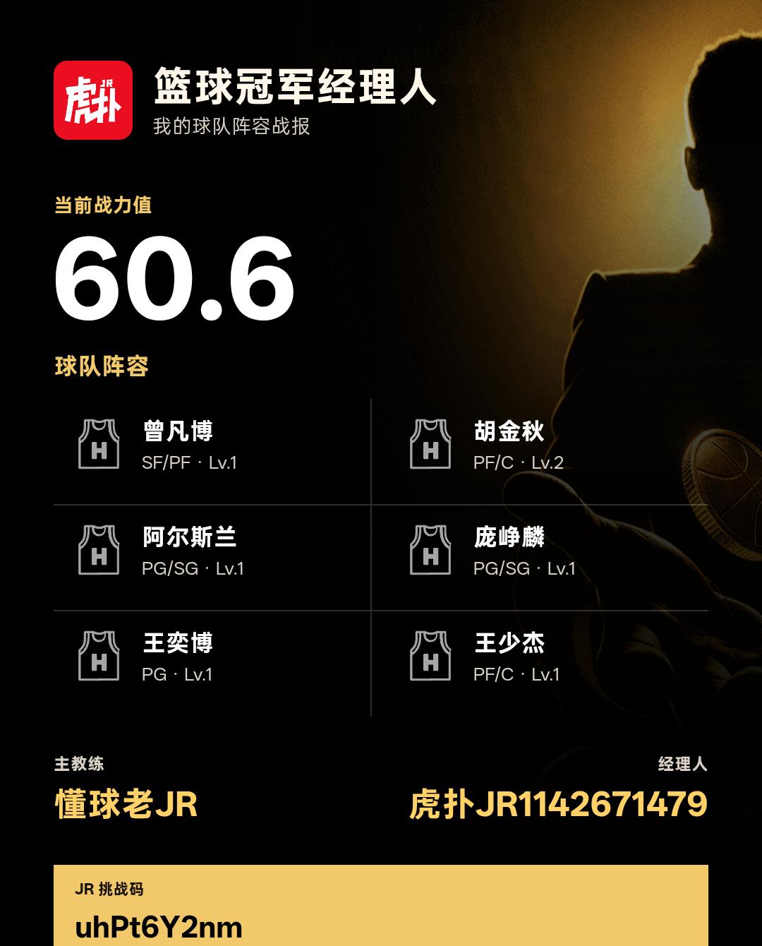 我在篮球冠军经理人组建了战力60.6的阵容
我的篮球冠军经理人阵容战力为60.6