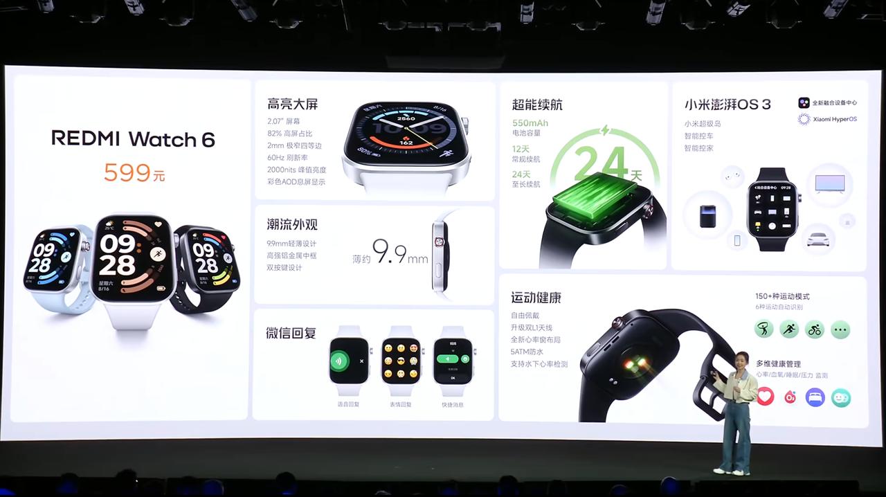 Redmi Watch 6 发布：售价 599 元。

2.07 英寸 432×