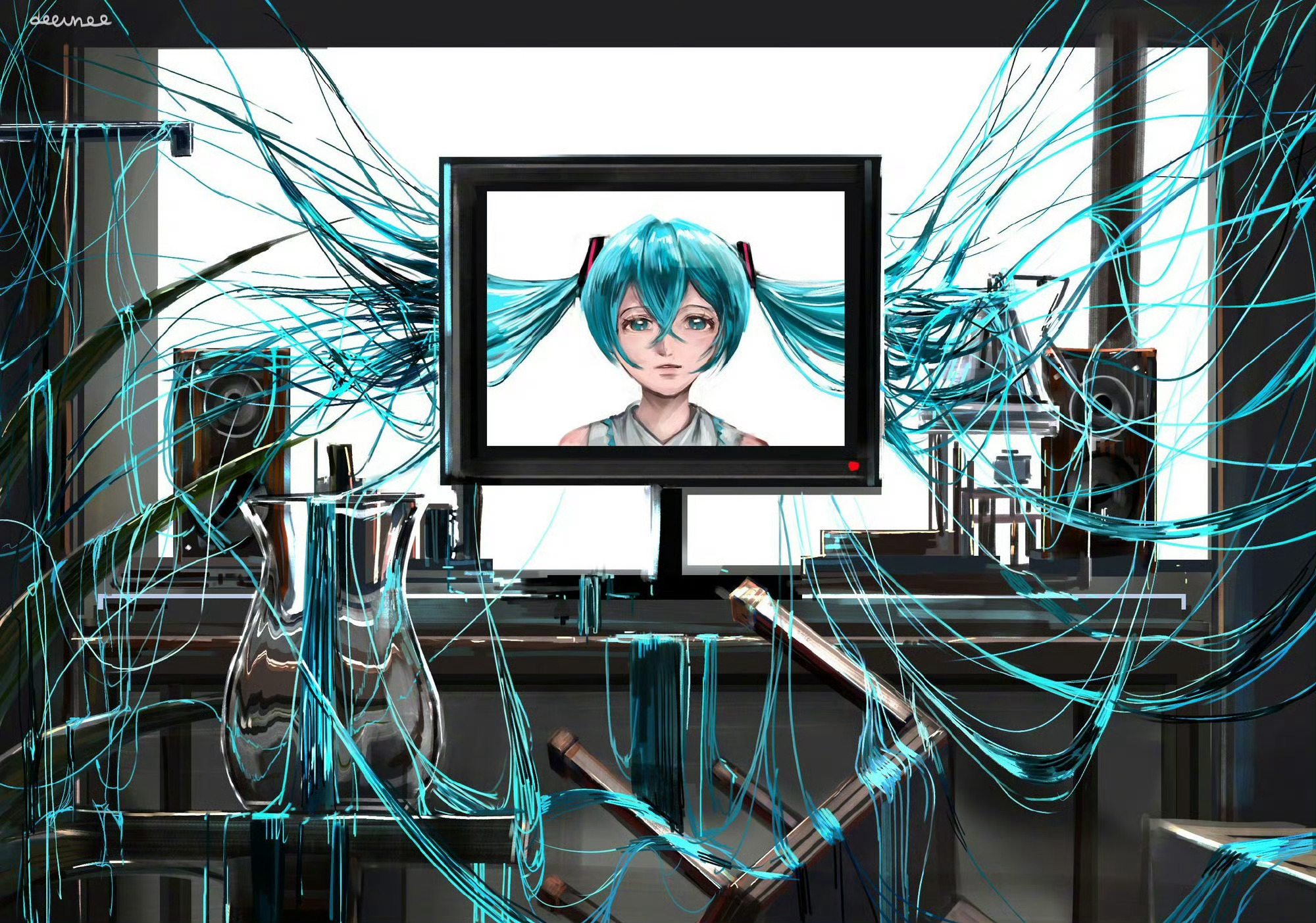 初音未来动漫 整个世界都是miku殿下的通信电缆.[送花花]绘：doeun_o_