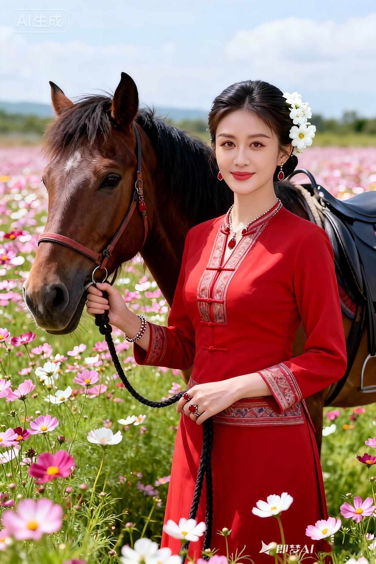 红衣少女与白马共舞，花海中尽显古典韵味！