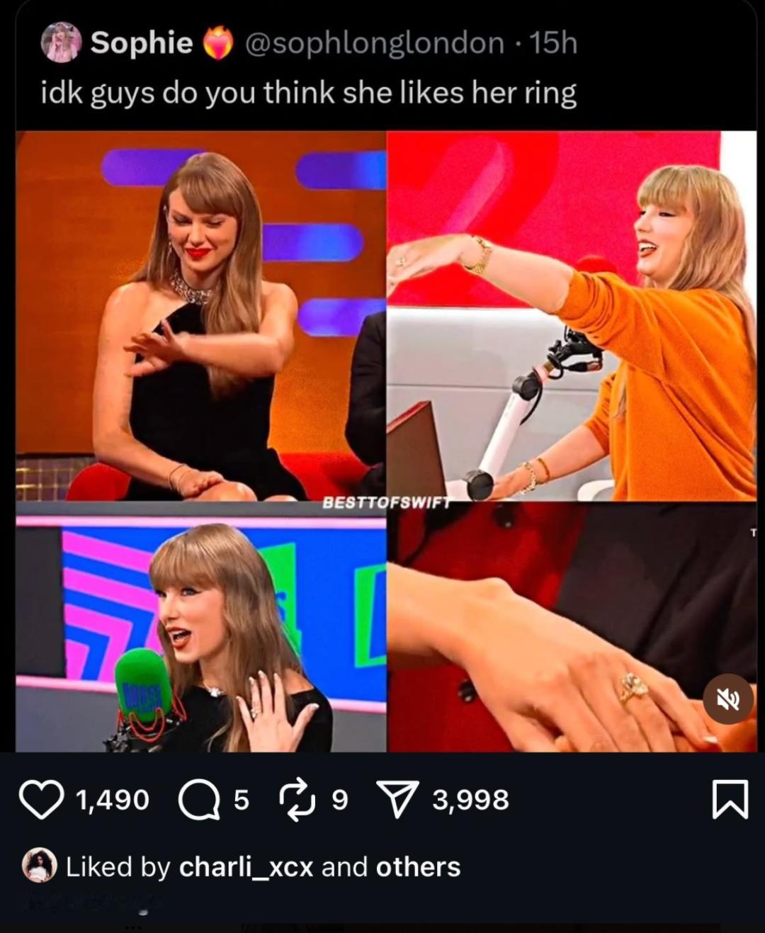 最近，Charli xcx 点赞霉霉 Taylor Swift 在节目中展示订婚