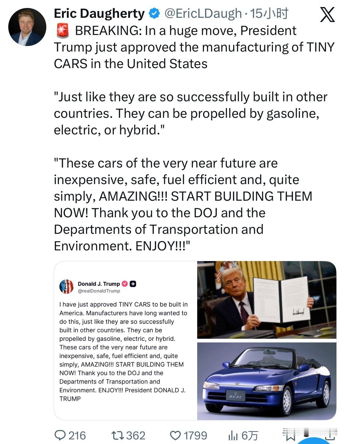 突发新闻：特朗普总统刚刚批准在美国生产微型汽车，此举意义重大。

“就像它们在其