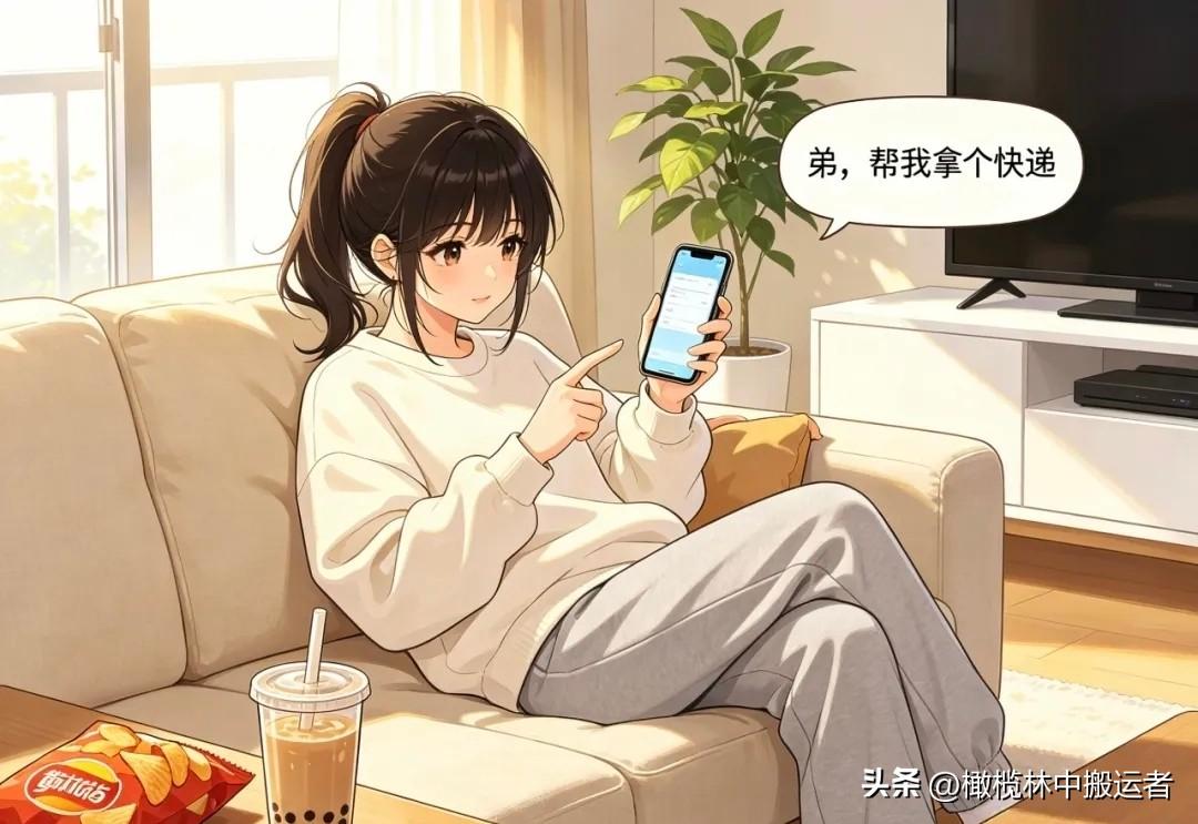 趣味漫画:姐姐：弟，帮我拿个快递。弟弟：去哪拿？姐姐：去义乌拿，还能顺便给我批发