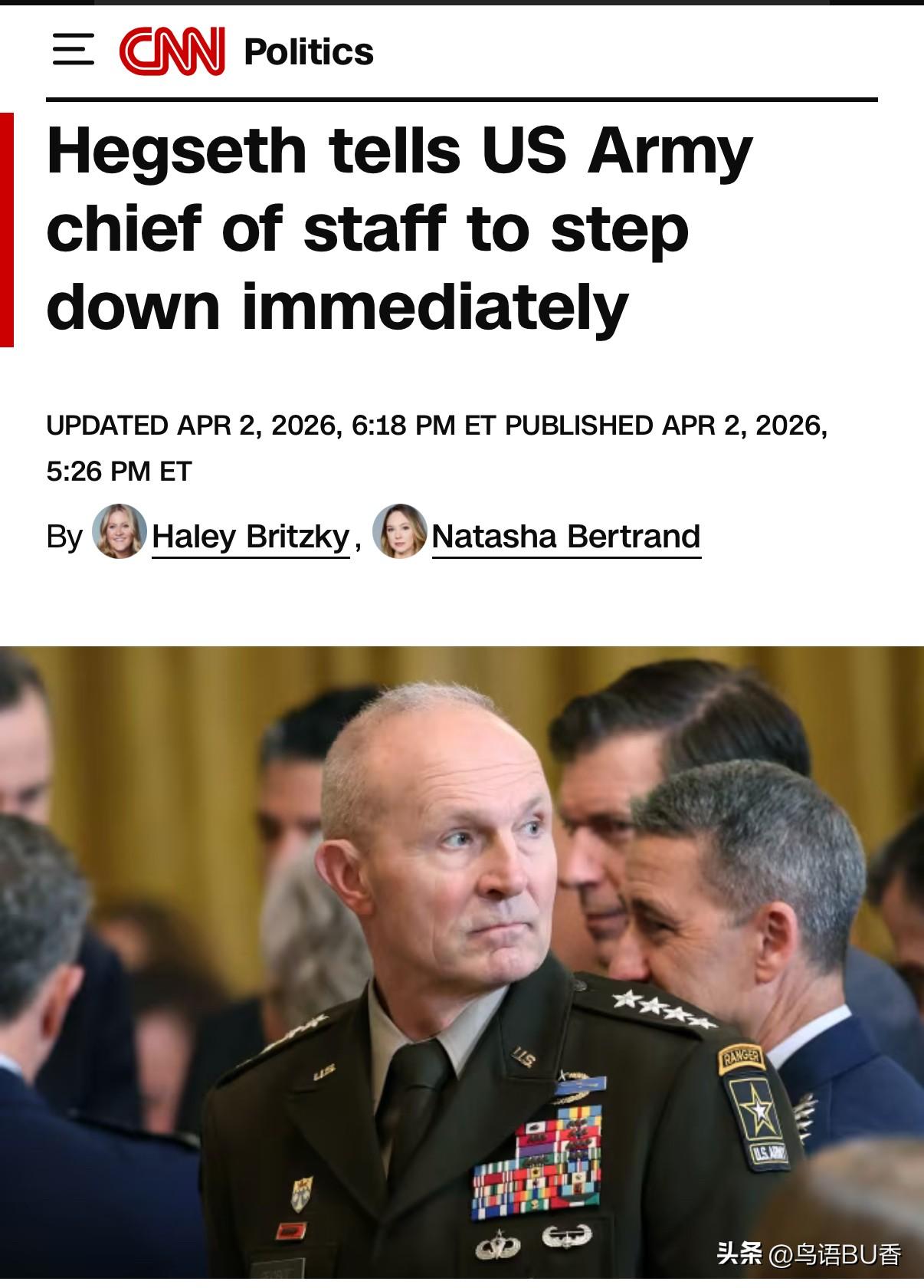 美防长赫格塞斯面临着巨大的压力，他则将“压力”转向美国陆军参谋长兰迪·乔治（Ra