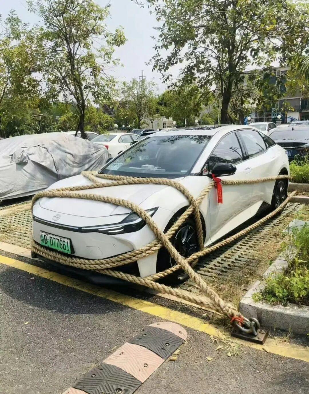 一个台风都把大家给逗乐了，事情要从一位网友发了一张用绳子绑住车的照片，结果各路大