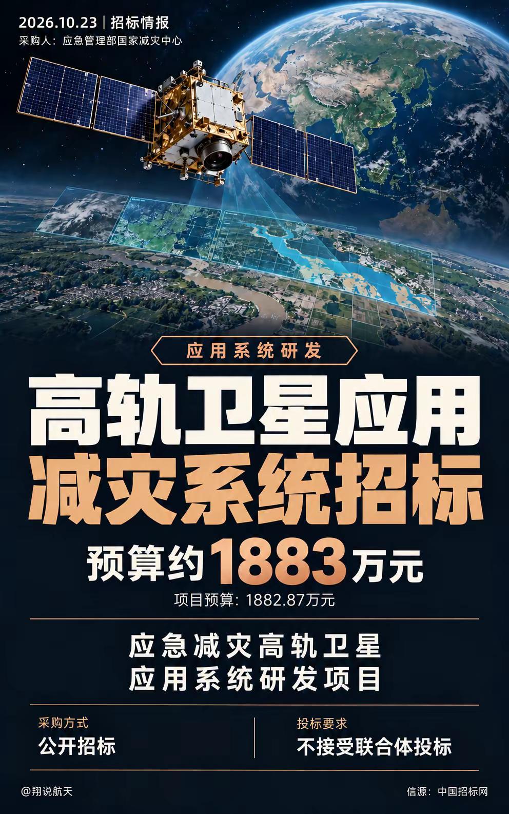 1883万，卫星减灾系统招标。应急管理部国家减灾中心启动应急减灾高轨卫星应用系统