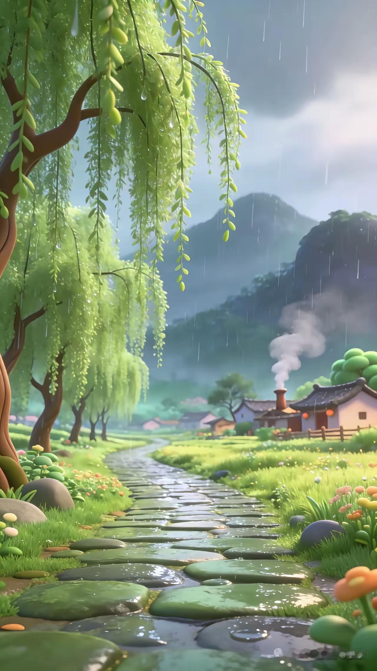 捣练子·春雨村舍
烟雨细，润柳芽，
石径轻烟映几家。
一抹青山炊影外，
醉看天际