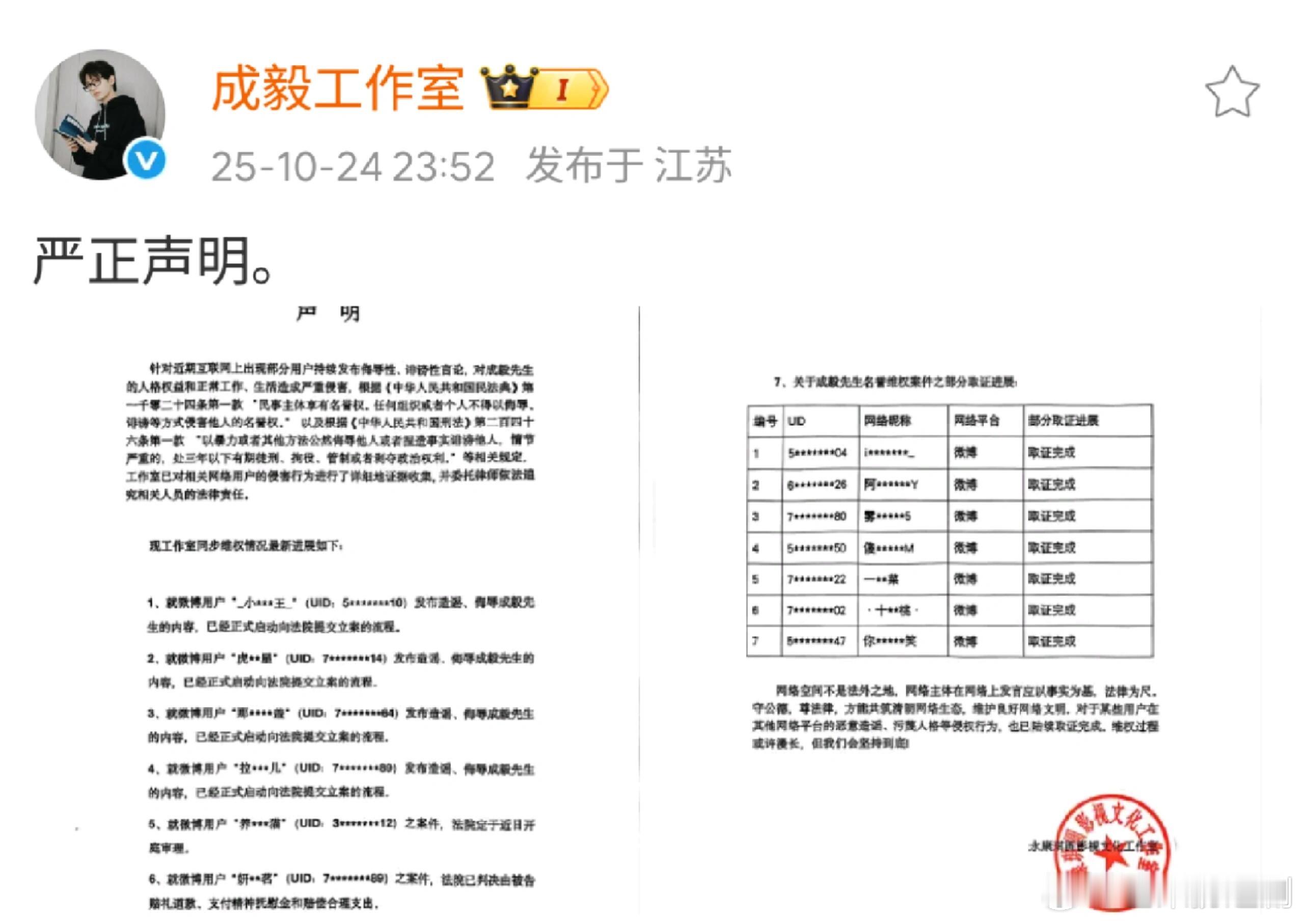 成毅工作室终于告黑了！已判决、已立案、即将开庭全都有，没上名单的不要焦急，gzs