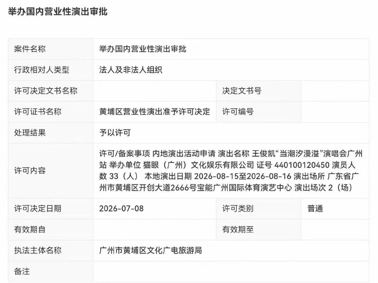 王俊凯广州场演唱会批文通过了王俊凯广州演唱会获批王俊凯广州演唱会批文通过