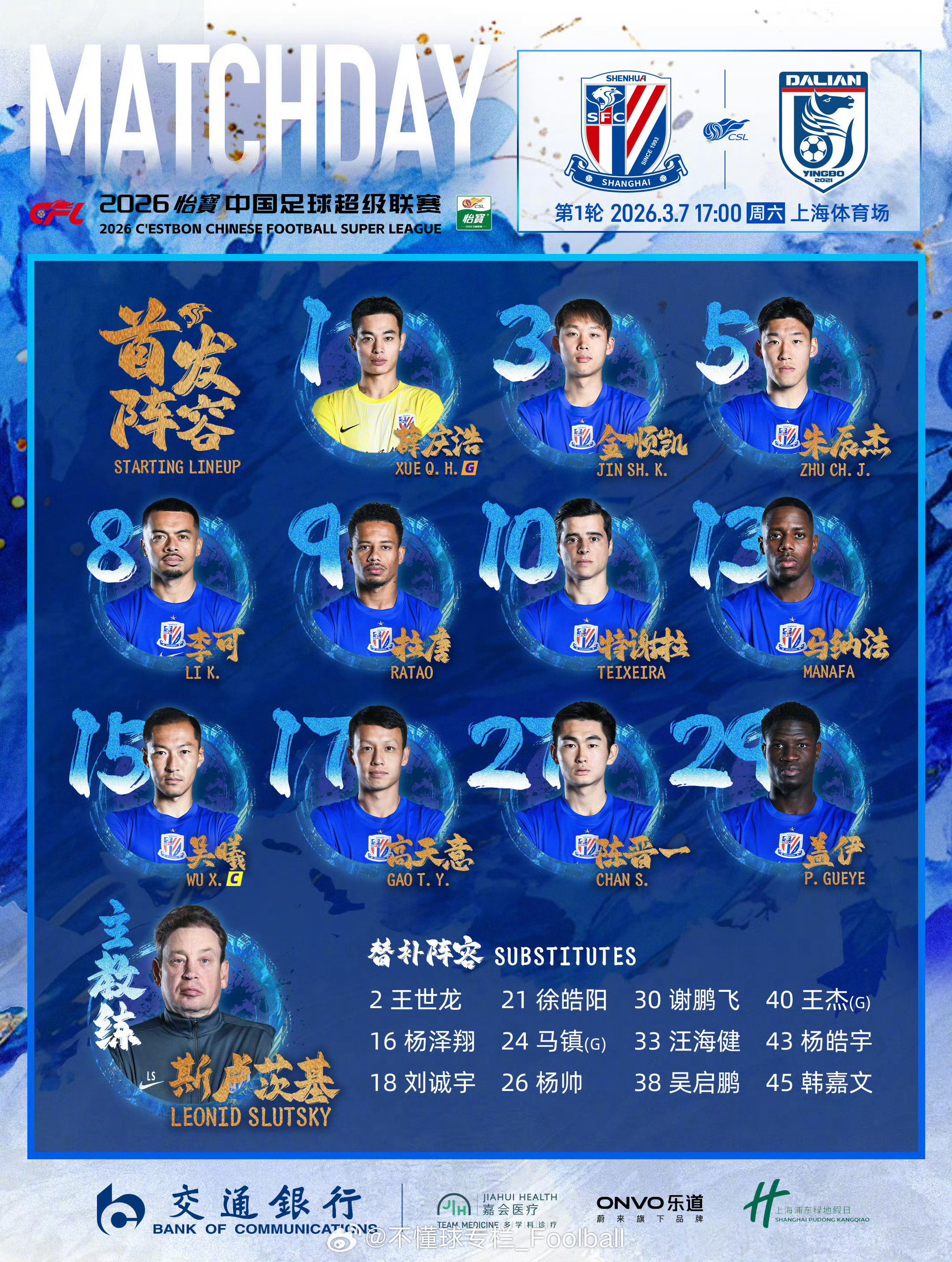 没有意外的首发，回到菱形4-4-2，拉唐+盖伊的锋线还是蛮值得期待的。上海申花中
