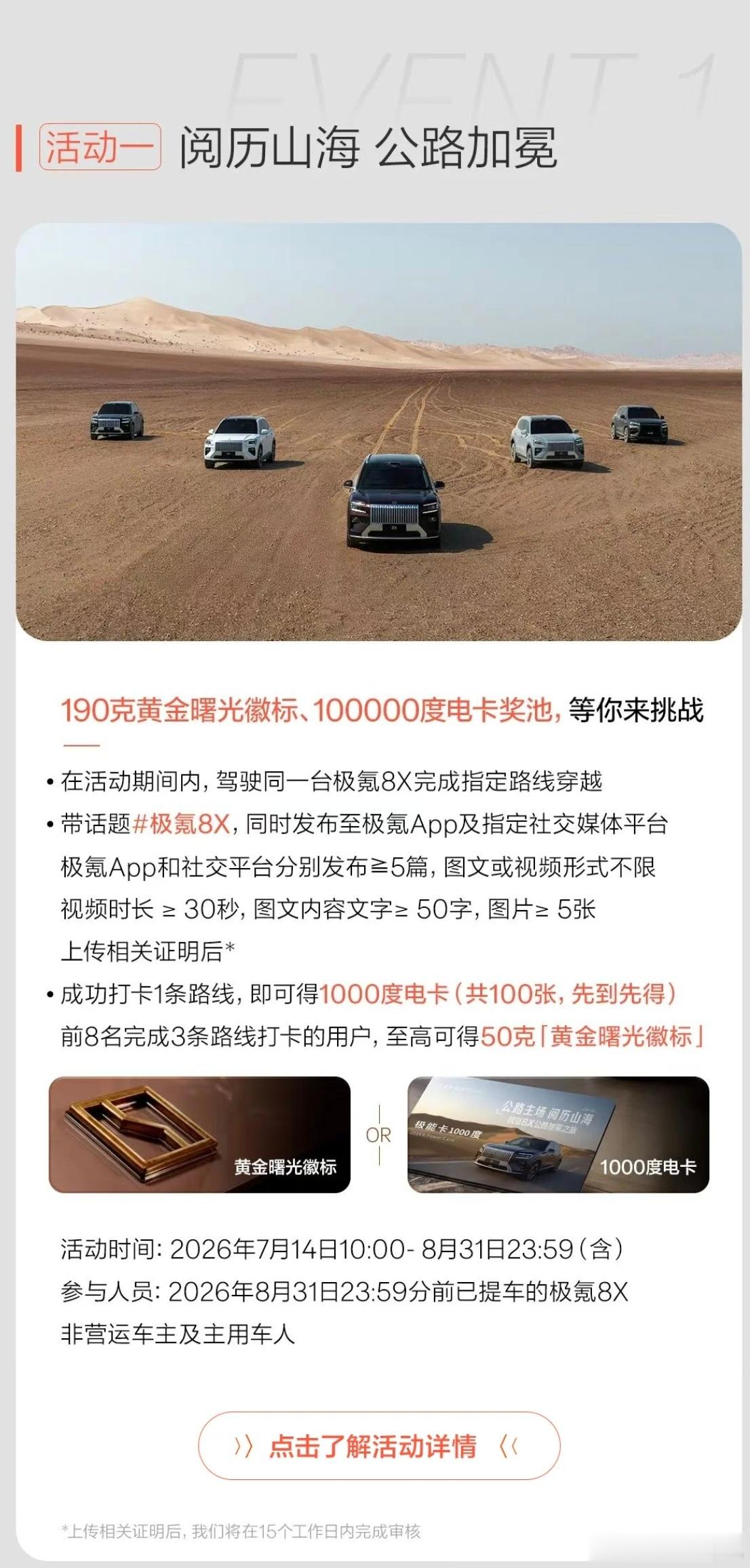 这个活动好耶。喜欢穿越的8x车主有福了50克黄金徽标，谁敢贴车上极氪8x大v聊车