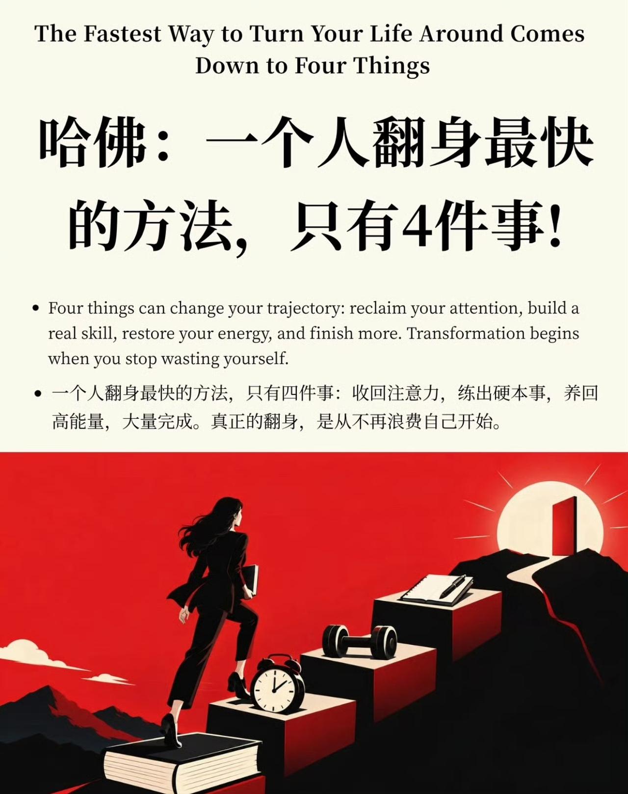 ✨普通人想要翻盘，靠的不是一时爆发式拼命，而是扎扎实实做好四件事。
 
✅第一件