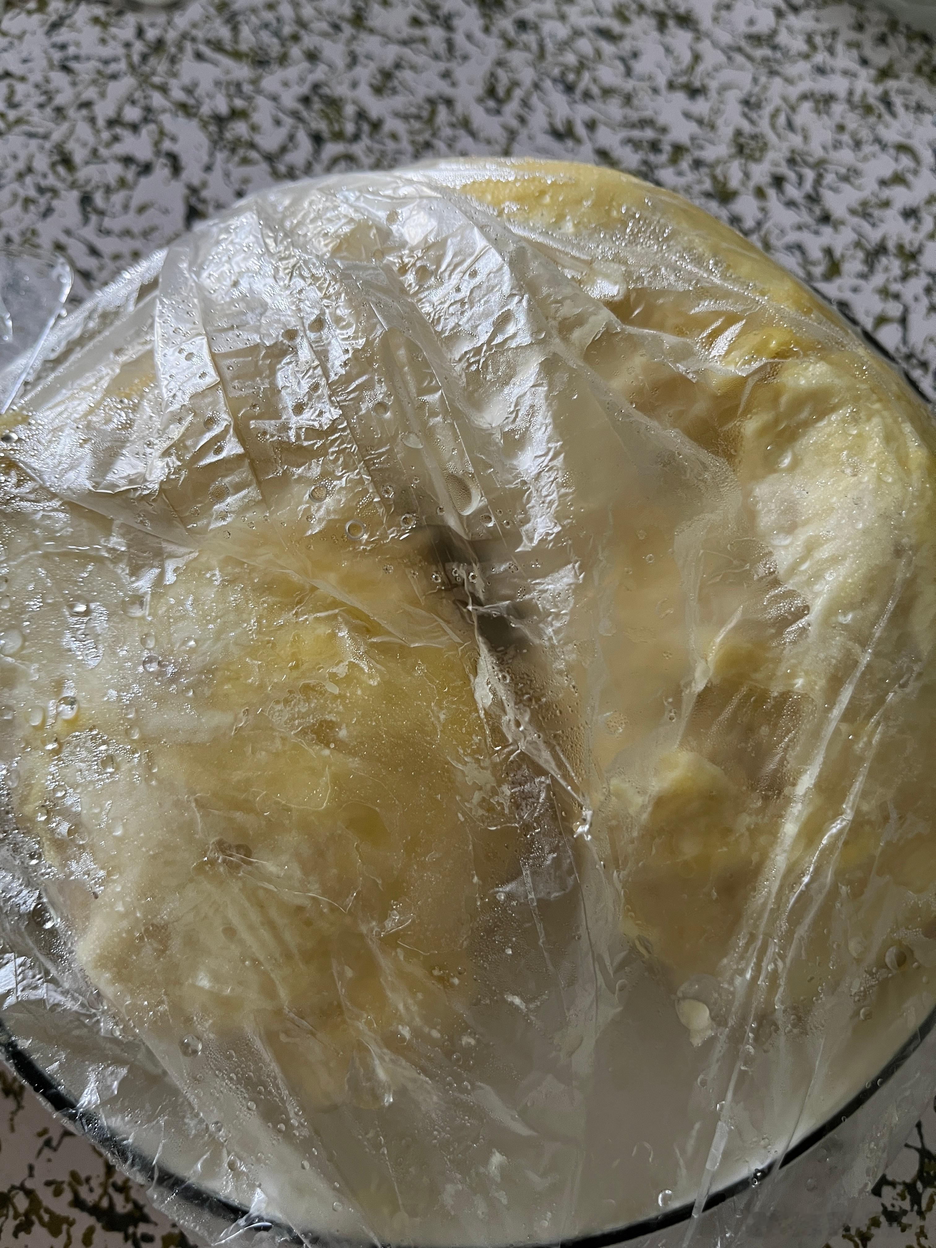这蛋糕过期一天了，娃不能吃，我吃。榴莲昨晚忘记叫细狗吃，打开冰箱才想起来。阚清子