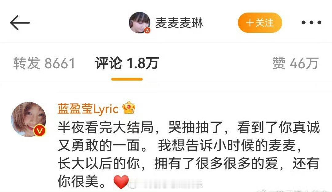 蓝盈莹给麦琳评论  麦琳感谢再见爱人  蓝盈莹在麦琳的《再见爱人》收官长文下留言