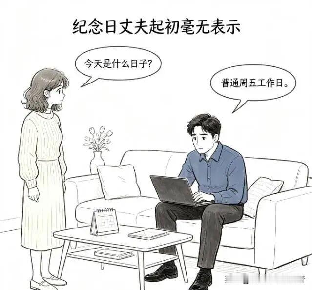 趣味漫画:结婚纪念日，丈夫毫无表示。妻子：今天是什么日子?丈夫：普通周五工作日！
