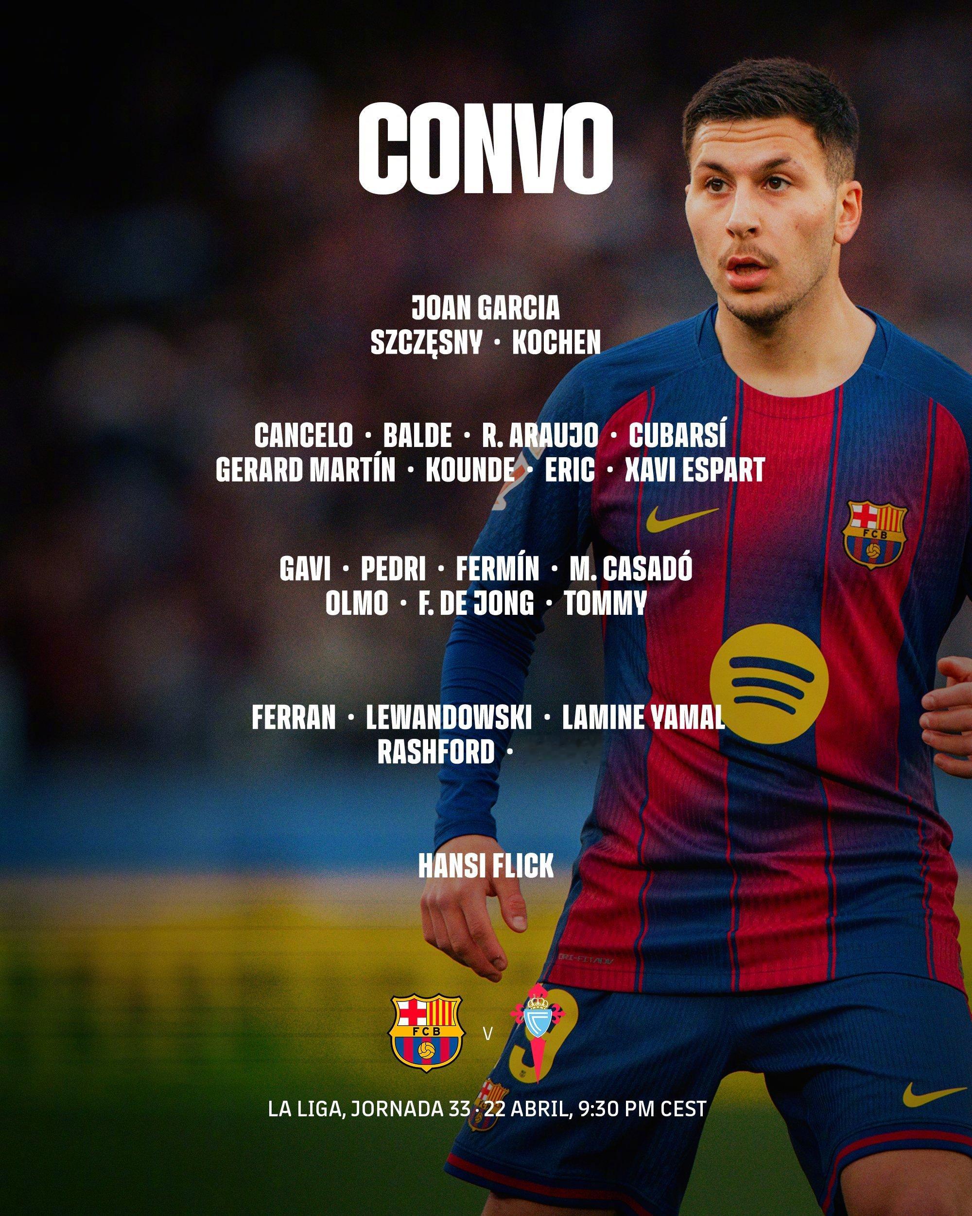 巴萨vs塞尔塔 大名单出炉🔥❌拉菲尼亚、克里斯滕森、贝尔纳尔伤缺✅青年队小将科