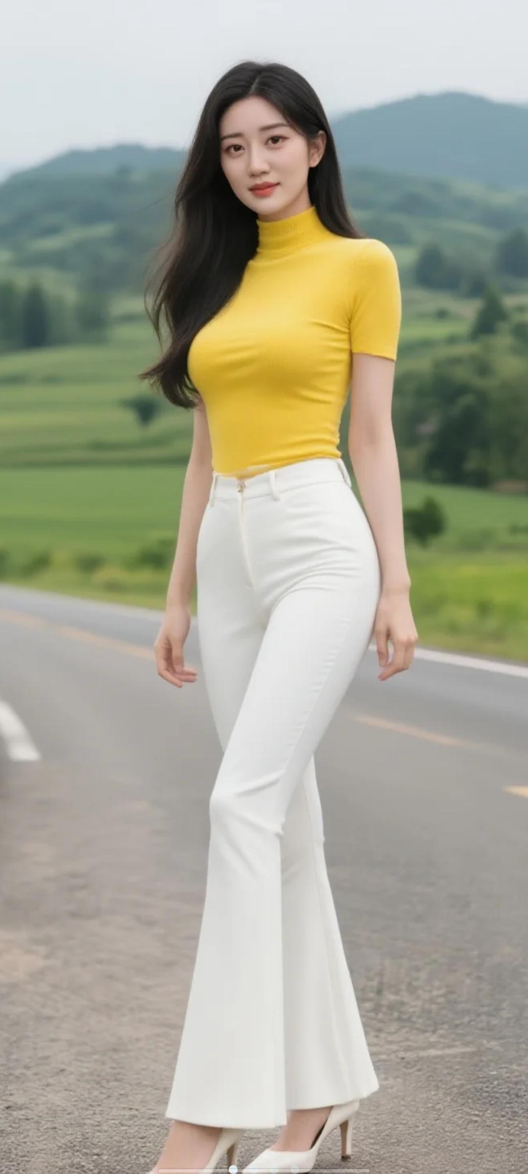 + 白色紧身喇叭裤，12厘米细跟高跟鞋，皮肤白皙。身处乡村公路边(有几座八十年的