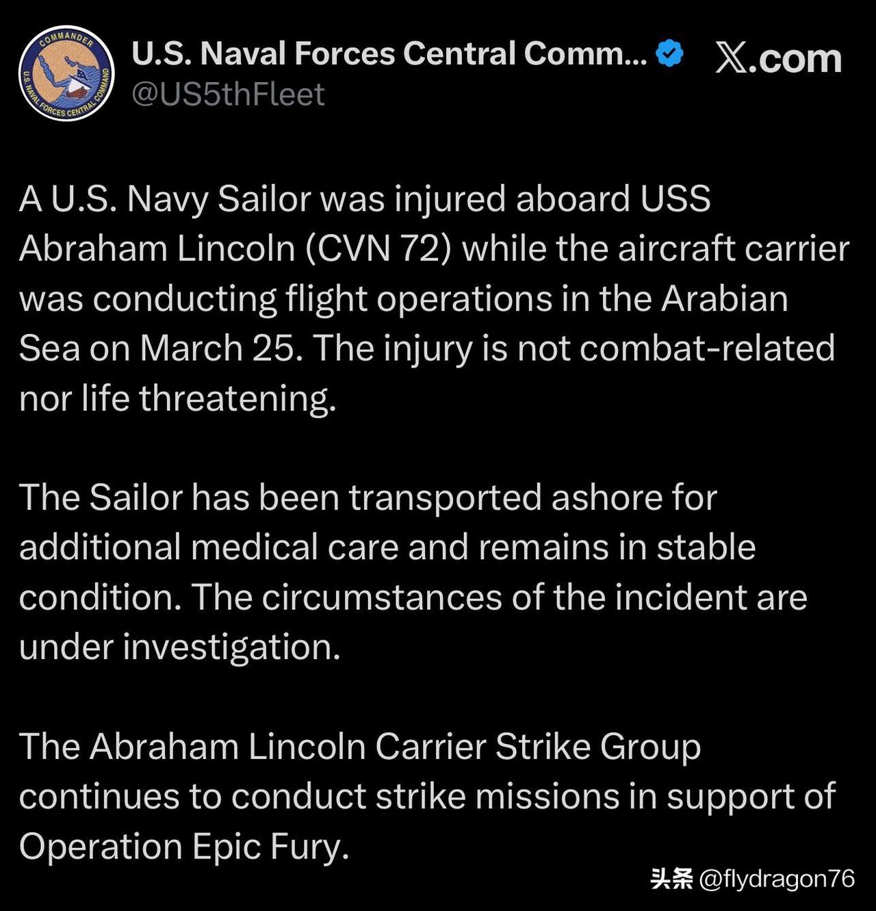 🇺🇸🇮🇷⚡️ — 3月25日，一名美国海军水手在阿拉伯海执行飞行任务时受