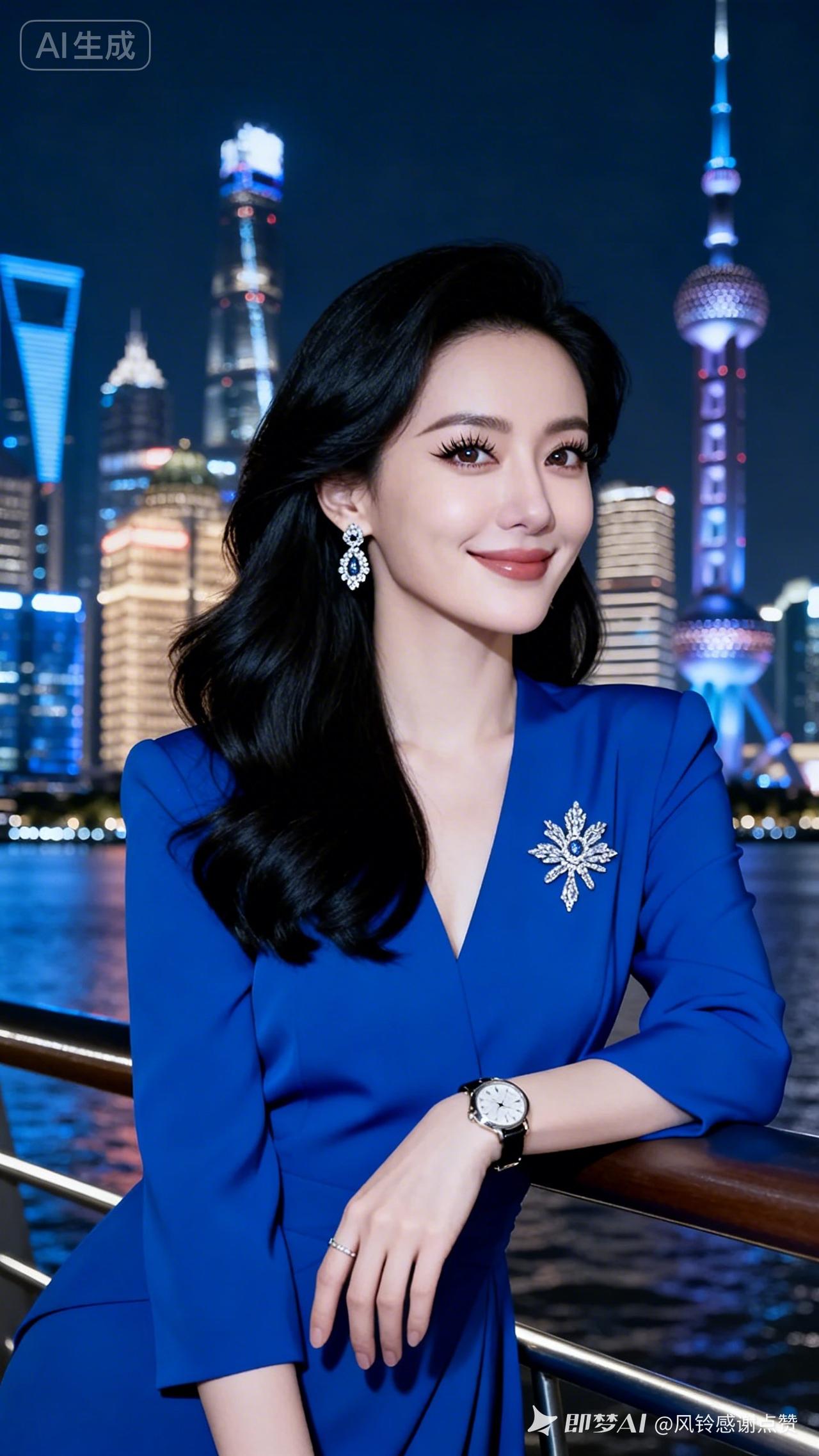 夜景下，她靠在栏杆，微笑迷人。