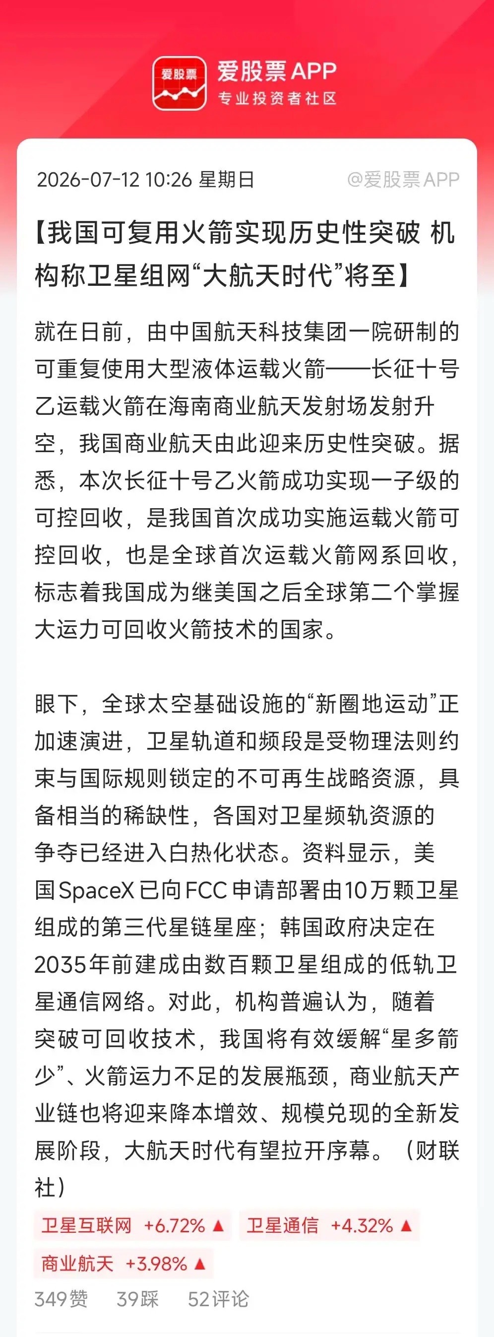 周末热度最高的是商业航天，周五长征十号乙运载火箭成功回收，这事儿继续发酵了！比如