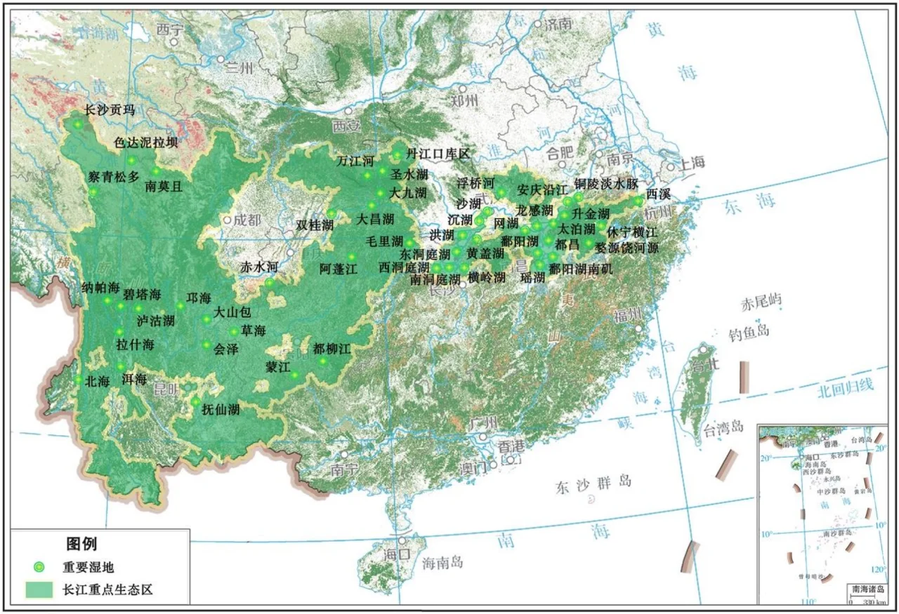 长江重点生态区重要湿地布局示意图
