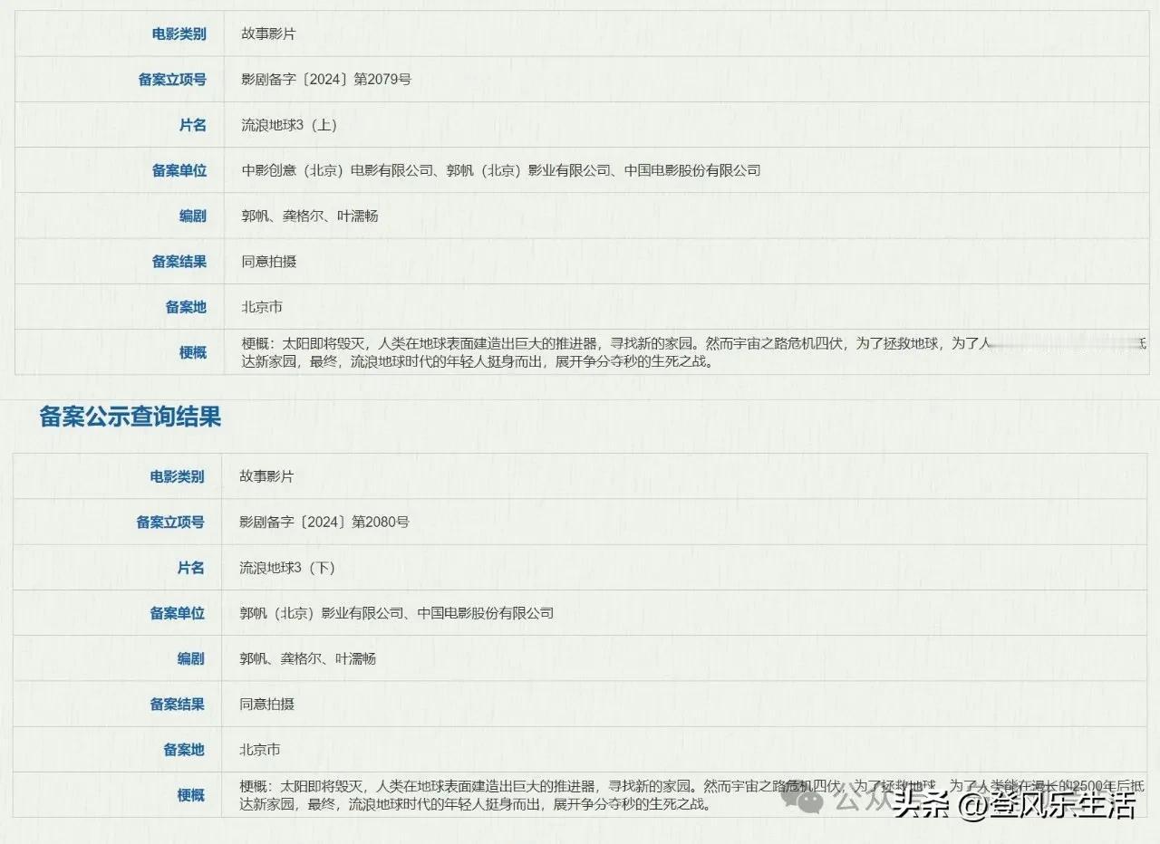 最新备案公示显示，科幻电影《流浪地球3》分为上、下部两部上映，由郭帆、龚格尔、叶
