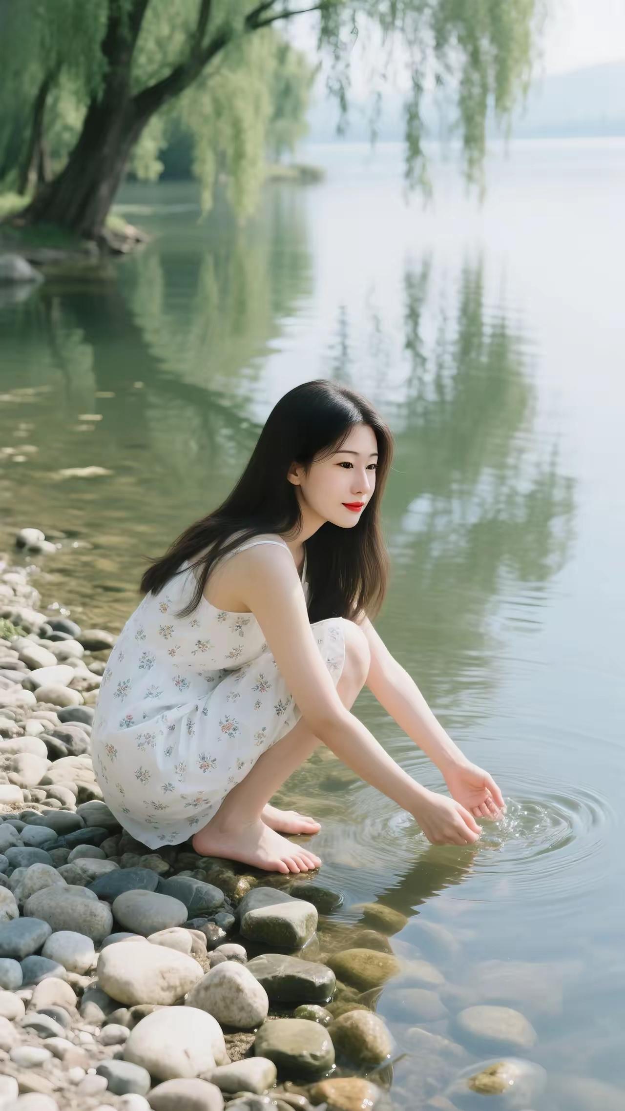 静谧湖畔，少女轻抚水波，感受自然的宁静与美好。🌿💦🌸