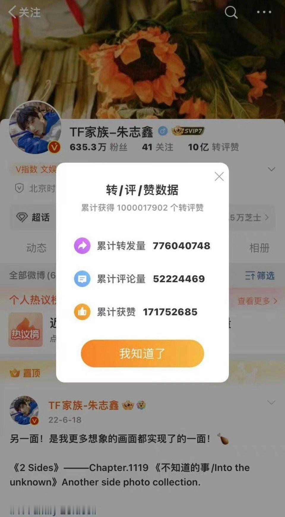 朱志鑫三代首位且唯一转赞评破10亿 ​​​，算不算TF三代里最有前途的[举手]？