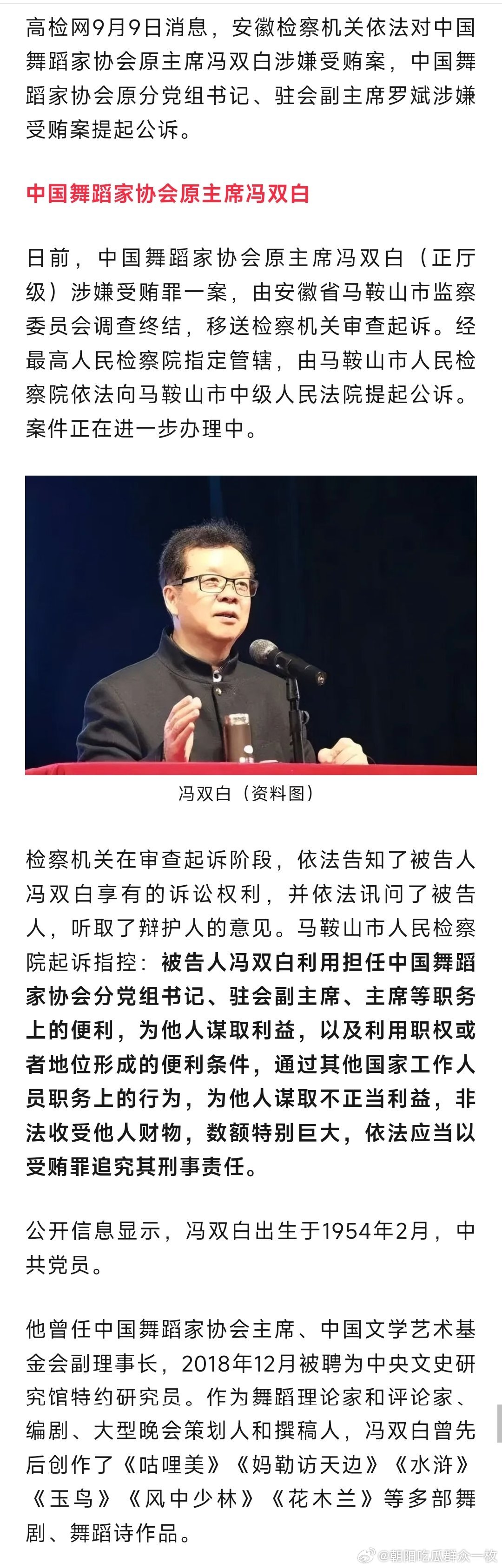 中国舞蹈家协会原主席冯双白、原分党组书记罗斌，非法收受他人巨额财物！此前界面新闻