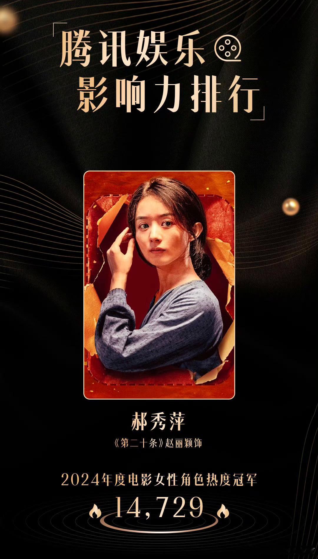 腾讯娱乐2024年度电影女性角色热度榜，赵丽颖包揽冠亚军！《第二十条》郝秀萍第一