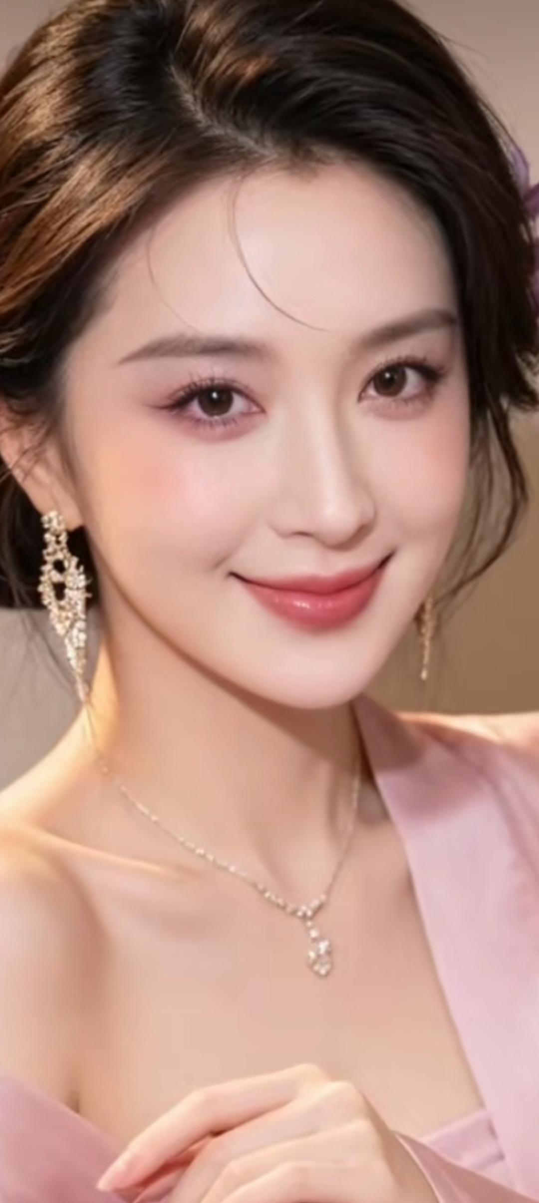 优雅气质，温柔微笑，精致妆容，迷人耳环，粉色礼服，完美搭配