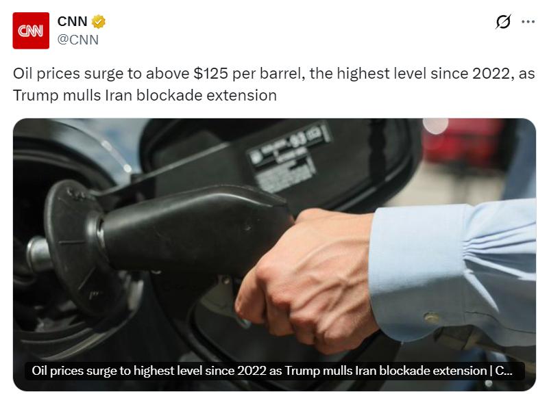 美媒：随着特朗普考虑扩大对伊朗的封锁，油价飙升至每桶125美元以上，创下自202