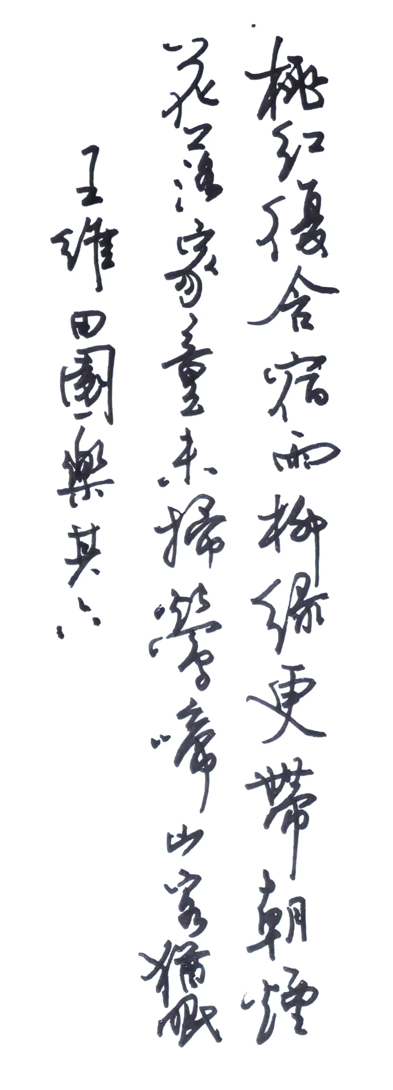 硬笔行草灵动舒展，线条连贯自然，田园闲适的意境贴合。
释文
桃红复含宿雨，柳绿更