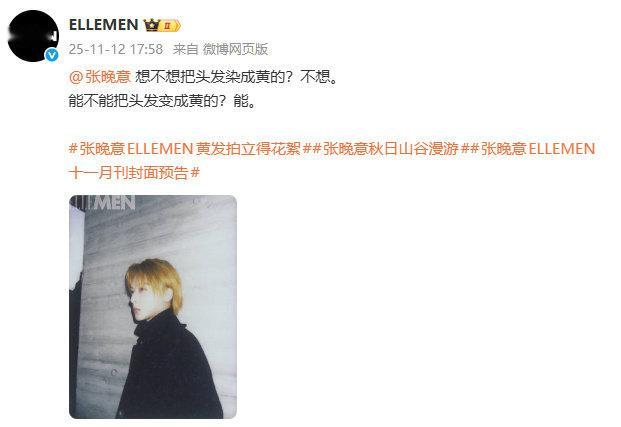 张晚意《ELLEMEN》十一月刊封面预告释出！全新黄发造型大胆突破，是谁同意让张